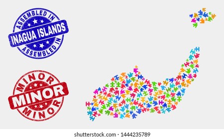 Module Inagua Islands map and blue Assembled seal stamp, and Minor grunge seal stamp. Bright vector Inagua Islands map mosaic of bundle parts. Red rounded Minor seal.