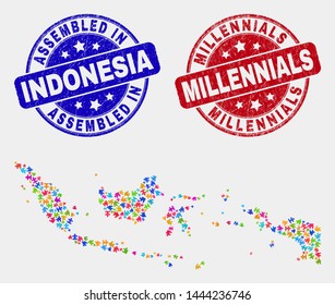 Module Indonesia map and blue Assembled seal, and Millennials grunge seal stamp. Colored vector Indonesia map mosaic of puzzle modules. Red round Millennials rubber.