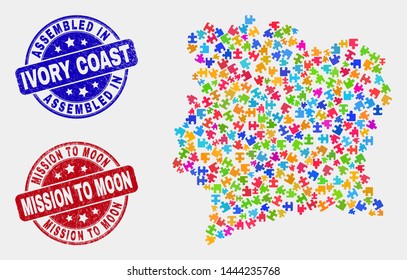 Module Ivory Coast map and blue Assembled seal stamp, and Mission to Moon textured seal stamp. Colorful vector Ivory Coast map mosaic of plug-in parts. Red rounded Mission to Moon stamp.