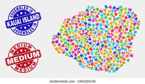 Module Kauai Island map and blue Assembled seal stamp, and Medium scratched seal stamp. Bright vector Kauai Island map mosaic of puzzle units. Red round Medium stamp.
