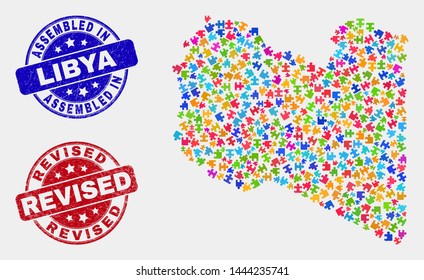 Module Libya map and blue Assembled seal stamp, and Revised distress seal stamp. Colored vector Libya map mosaic of plugin modules. Red rounded Revised seal.