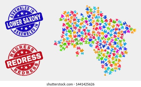 Module Lower Saxony Land map and blue Assembled seal stamp, and Redress distress seal stamp. Colorful vector Lower Saxony Land map mosaic of bundle connectors. Red rounded Redress imprint.