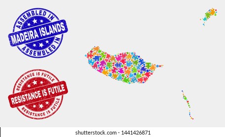 Module Madeira Islands map and blue Assembled seal, and Resistance Is Futile grunge seal stamp. Colorful vector Madeira Islands map mosaic of bundle elements. Red rounded Resistance Is Futile seal.
