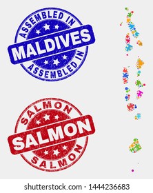 Module Maldives map and blue Assembled seal stamp, and Salmon distress stamp. Colored vector Maldives map mosaic of plugin modules. Red rounded Salmon seal.