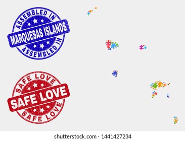 Module Marquesas Islands map and blue Assembled seal stamp, and Safe Love scratched seal stamp. Colorful vector Marquesas Islands map mosaic of puzzle. Red round Safe Love seal.