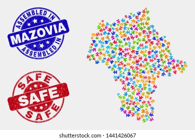 Module Masovian Voivodeship map and blue Assembled seal stamp, and Safe scratched seal stamp. Colored vector Masovian Voivodeship map mosaic of bundle items. Red rounded Safe rubber.