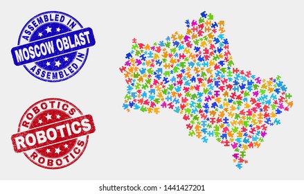 Module Moscow Region map and blue Assembled seal stamp, and Robotics distress stamp. Bright vector Moscow Region map mosaic of bundle connectors. Red rounded Robotics stamp.