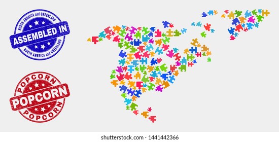 Module North America and Greenland map and blue Assembled seal stamp, and Popcorn distress seal. Colored vector North America and Greenland map mosaic of plugin parts. Red round Popcorn seal.