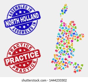 Module North Holland map and blue Assembled seal, and Practice textured seal stamp. Colorful vector North Holland map mosaic of puzzle components. Red round Practice seal.