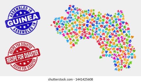 Module Republic of Guinea map and blue Assembled seal stamp, and Recipe for Disaster distress seal stamp. Colorful vector Republic of Guinea map mosaic of bundle parts.