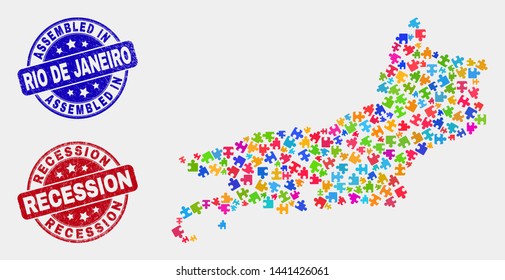 Module Rio de Janeiro State map and blue Assembled seal stamp, and Recession textured seal stamp. Colorful vector Rio de Janeiro State map mosaic of plugin parts. Red round Recession stamp.