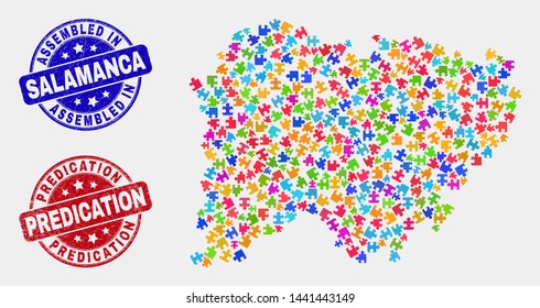 Module Salamanca Province map and blue Assembled seal stamp, and Predication scratched seal stamp. Colorful vector Salamanca Province map mosaic of bundle elements. Red round Predication badge.