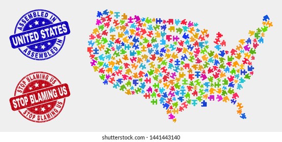 Module United States map and blue Assembled watermark, and Stop Blaming Us scratched seal stamp. Bright vector United States map mosaic of puzzle components. Red rounded Stop Blaming Us stamp.