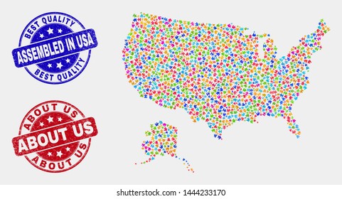 Module USA with Alaska map and blue Assembled seal stamp, and About Us scratched seal stamp. Colored vector USA with Alaska map mosaic of bundle elements. Red rounded About Us seal.