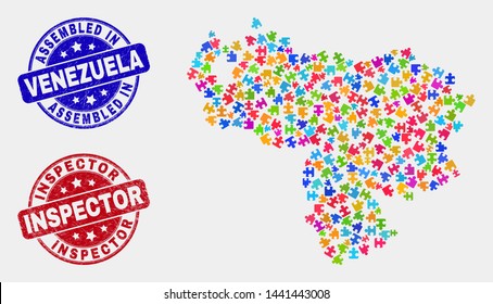 Module Venezuela map and blue Assembled seal stamp, and Inspector distress seal stamp. Colorful vector Venezuela map mosaic of puzzle elements. Red round Inspector stamp.