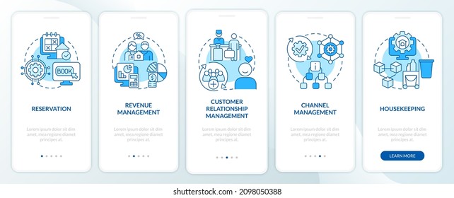 Modules of property management blue onboarding mobile app screen. Data walkthrough 5 steps graphic instructions pages with linear concepts. UI, UX, GUI template. Myriad Pro-Bold, Regular fonts used