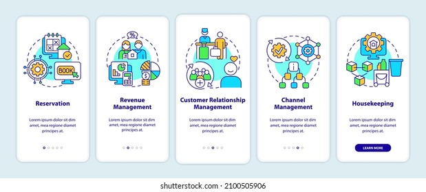 Modules of property management onboarding mobile app screen. Automation walkthrough 5 steps graphic instructions pages with linear concepts. UI, UX, GUI template. Myriad Pro-Bold, Regular fonts used