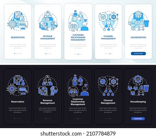 Modules of property night and day mode onboarding mobile app screen. Tech walkthrough 5 steps graphic instructions pages with linear concepts. UI, UX, GUI template. Myriad Pro-Bold, Regular fonts used