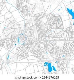 Moers, North Rhine-Westphalia, Germany high resolution vector map with editable paths. Bright outlines for main roads. Use it for any printed and digital background. Blue shapes and lines for water.