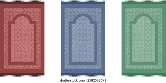 Moeslem or islamic prayer mat. These vibrant prayer mats feature a classic design with a pointed arch and geometric patterns.  unique color : rich maroon, calming blue, and refreshing green.