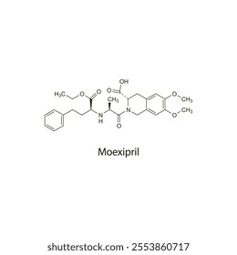 Moexipril flat skeletal molecular structure ACE inhibitor drug used in hypertension treatment. Vector illustration scientific diagram.