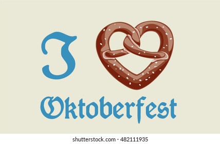 I mog Oktoberfest or I love Oktoberfest which is the traditional Bavarian German Beerfest in October. Heart shaped brezn, breze, pretzel or brezel with text. Color scheme of bavarian flag.