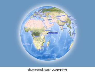 Mogadishu-Somalia is shown on vector globe map. The map shows Mogadishu-Somalia 's location in the world.