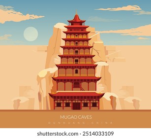 As cavernas de Mogao - as mil grutas de Buda - Dunghuang, Gansu na China - ilustração de estoque como arquivo EPS 10