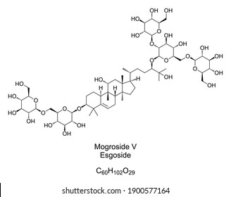 Mogroside V, esgoside, chemical formula and structure. Main component of the monk fruit extract, used as sweetener and sugar substitute, about 250 times stronger than table sugar. Illustration. Vector