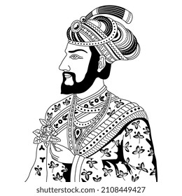 Mogul Indian Prince. Romantic Medieval Rajah In Turban Holding Rose. Oriental Male Portrait. Black And White Silhouette.