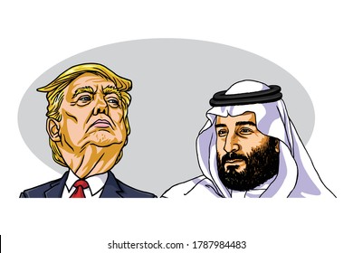 Mohammad Bin Salman MBS With Donald Trump Vector Cartoon Caricature  Illustration. Riyadh, August 1, 2020