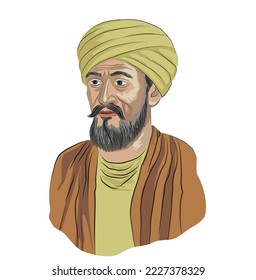 Mohammed Idrisi, Portrait, Vektorgrafik. (1100 - 1166) Er war arabischer Reisender und Kartograf. Er arbeitete auf dem Gebiet der Geografie.