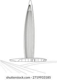 Der Mohammed VI Turm in Salé, Marokko, erhebt sich majestätisch über dem Bouregreg Fluss, mit einer Brücke und üppigen Bäumen im Vordergrund. Schwarzweißskizze