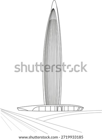 The Mohammed VI Tower in Salé, Morocco, majestically rises above the Bouregreg River, with a bridge and lush trees in the foreground. Black and white sketch