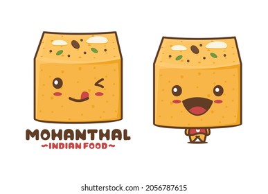 mohanthal cake cartoon mascot,. indian food vector illustration, suitable for logos, packaging labels, stickers, etc.