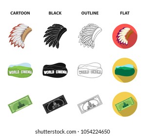 Mohavk, world cinema, dollar, a statue of liberty.USA country set collection icons in cartoon,black,outline,flat style vector symbol stock illustration web.