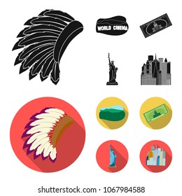 Mohavk, world cinema, dollar, a statue of liberty.USA country set collection icons in black, flat style vector symbol stock illustration web.