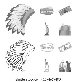 Mohavk, world cinema, dollar, a statue of liberty.USA country set collection icons in outline,monochrome style vector symbol stock illustration web.