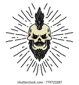 Mohawk skeleton with sunburst in the background