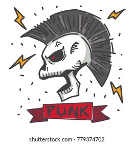 Mohawk skull sticker. Punk rock doodle set.
