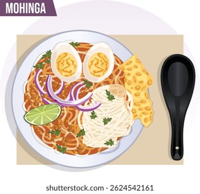 Mohinga Burmese Fish Noodle Soup with Egg, Lime, Crispy Fritter, Onion, and Coriander. Myanmar Traditional Food Illustration with Spoon