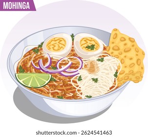 Mohinga Myanmar National Cuisine Side View Illustration – Rice Noodles in Fish Soup with Boiled Egg, Onion, Lime, Crispy Fritter, and Coriander Traditional Burmese Breakfast