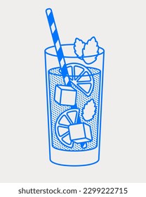 Mohito cocktail with lime slices, ice cubes, mint leaf, and straw. Line art, retro. Vector illustration for bars, cafes, and restaurants.