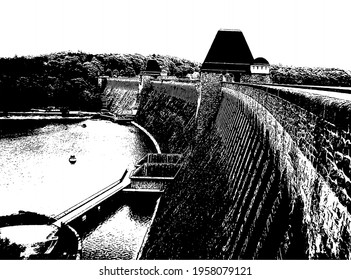 Mohnesee dam graphic illustration North Rhine-Westphalia Germany