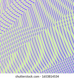 Moire effect abstract holographic vector background. linear texture with  wavy lines optical illusion. TV screen effect. Dynamic 3d effect, blue, violet pink and yellow colored lines wallpaper.