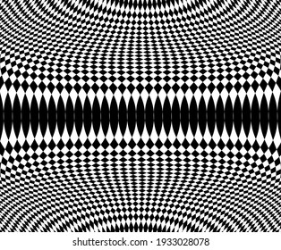 Moire effect, black-white geometric pattern, psychedelic wave. Op art, optical illusion. Modern design, graphic texture.