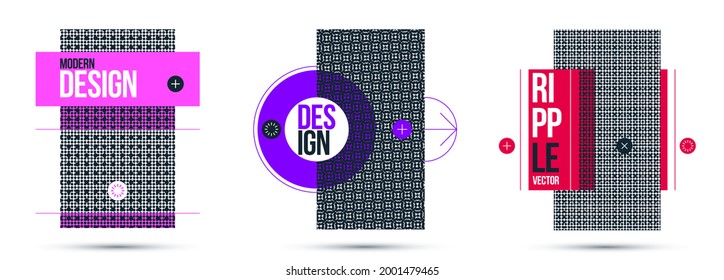 Moire op art vector design elements, graphic style posters and banners and brochures set, abstract modern art with distorted grid.
