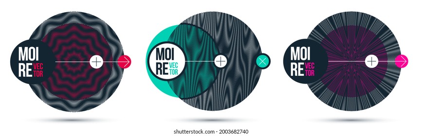 Moire op art elementos de diseño vectorial, afiches de estilo gráfico y banners y folletos conjuntos, arte moderno abstracto con rejilla distorsionada.