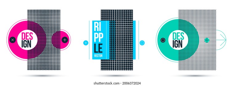 Moire op art elementos de diseño vectorial, afiches de estilo gráfico y banners y folletos conjuntos, arte moderno abstracto con rejilla distorsionada.
