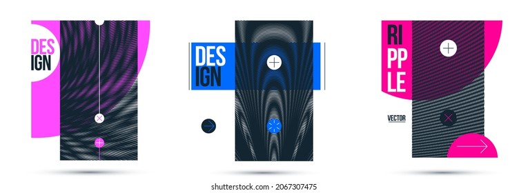 Moire op art vector design elements, graphic style posters and banners and brochures set, abstract modern art with distorted grid.